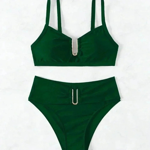 Dark Green Women's U-Shaped Ring Design Sexy Bikini Set - Picture 6 of 8